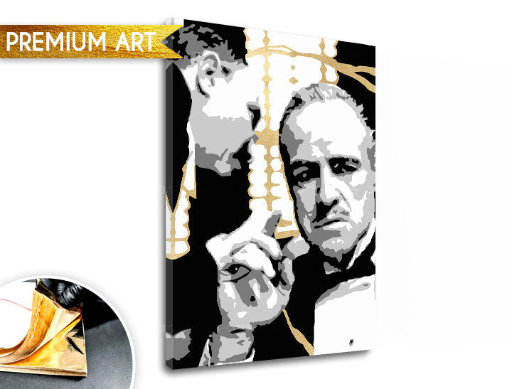 Рачно насликана слика на платно со мотив PREMIUM ART – The Godfather, автомобил во бело-златно нијанси, драматична атмосфера | Слики на платно - PREMIUM ART – The Godfather – главна