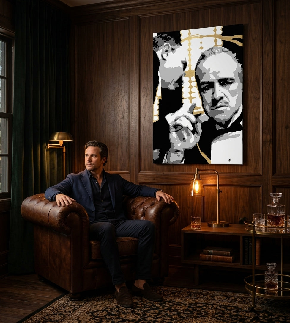 Рачно насликана слика на платно со мотив PREMIUM ART – The Godfather, автомобил во бело-златно нијанси закачена во ентериер на дневна соба, сила и моќ и семејство – ентериер