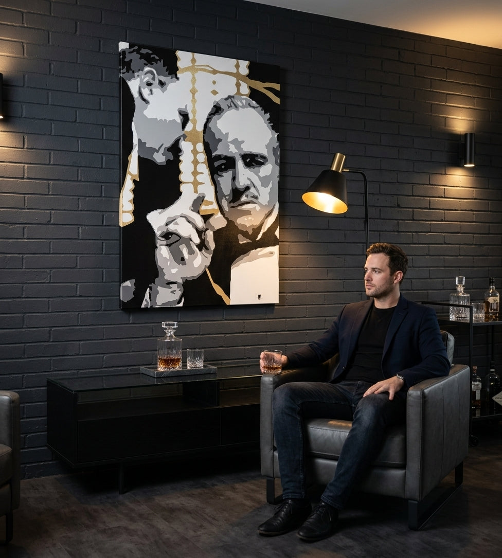 Рачно насликана слика на платно со мотив PREMIUM ART – The Godfather, автомобил во бело-златно нијанси закачена во ентериер на дневна соба, сила и моќ и семејство – ентериер, поглед 3