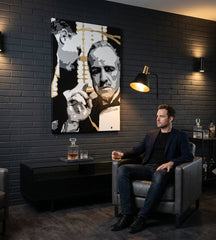 Рачно насликана слика на платно со мотив PREMIUM ART – The Godfather, автомобил во бело-златно нијанси закачена во ентериер на дневна соба, сила и моќ и семејство – ентериер, поглед 3