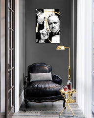 Рачно насликана слика на платно со мотив PREMIUM ART – The Godfather, автомобил во бело-златно нијанси, драматична атмосфера | Слики на платно - PREMIUM ART – The Godfather – производ