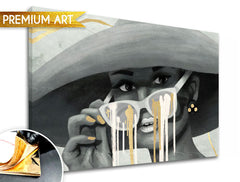 Поп арт слика на платно со мотив PREMIUM ART – Žena v klobúku, природа во сиво-златно нијанси, стилска атмосфера, убавина и тајна, погоден за спална соба – главна