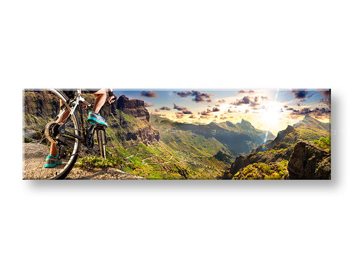 Класична слика на платно со мотив CYKLISTIKA, залез на сонце, патнички мотив, инспиративен мотив, пејзаж во кафеаво-зелено нијанси, погоден за канцеларија – главна