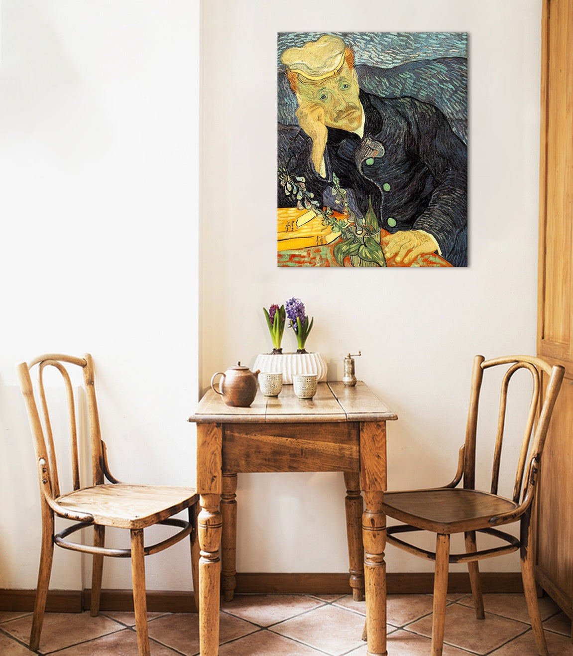 Винтиџ слика со мотив Vincent van Gogh - Portrét dr. Gacheta, цвеќиња, природа во сино-зелено нијанси | Слика на платно Vincent van Gogh - Portrét dr. Gacheta – преглед