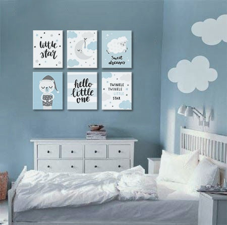 Геометриска слика со мотив ЗА ДЕЦА, месечина, облаци во бело-сино нијанси | Слика за ѕид ЗА ДЕЦА, соништа и детство – преглед