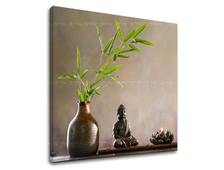 Класична слика на платно со мотив FENG SHUI, пејзаж, природа во сино-сребрено нијанси, мирна атмосфера, внатрешен мир и природа, погоден за дневна соба – главна
