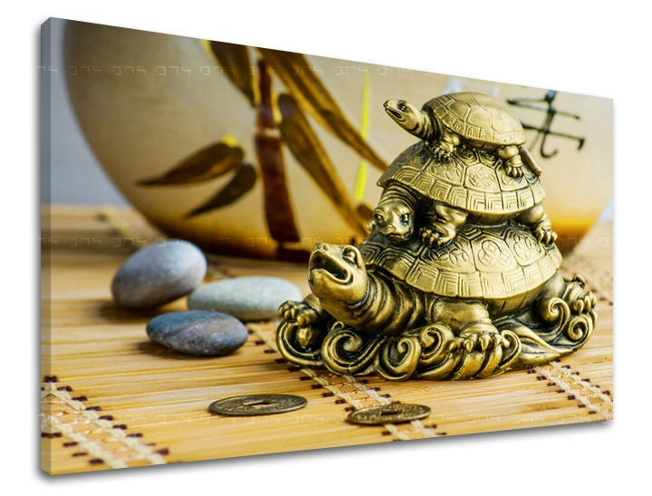 Класична слика на платно со мотив FENG SHUI, природа во беж-златно нијанси, мирна атмосфера, природа, погоден за дневна соба | Слика за ѕид FENG SHUI – главна