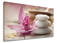 Класична слика на платно со мотив FENG SHUI, орхидеја, цвеќиња, природа во бело-беж нијанси, мирна атмосфера, природа, погоден за дневна соба – главна [XOBFS017E11]
