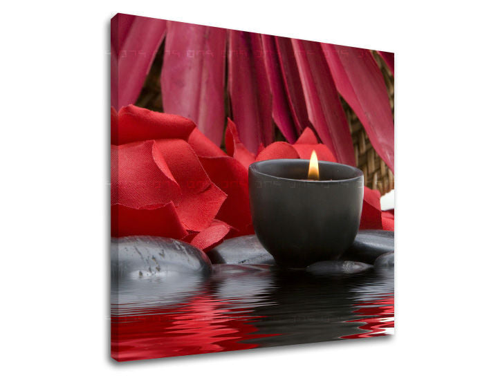 Класична слика на платно со мотив FENG SHUI, свеќа, пејзаж, природа во сино-сребрено нијанси, мирна атмосфера, романтика, погоден за дневна соба – главна