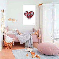 Индустриска слика на платно со мотив Love under Construction, срце, детски мотив во бело-црвено нијанси закачена во ентериер на детска соба – ентериер