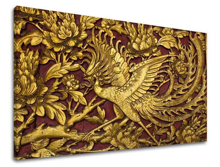 Класична слика на платно со мотив FENG SHUI, птица, гранки, цвеќиња, природа во златно-црвено нијанси, природа, погоден за дневна соба | Слика за ѕид FENG SHUI – главна