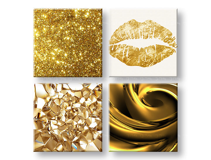 Колаж слика на платно со мотив Golden kiss во бело-златно нијанси, убавина и прослава, повеќеделна изведба, погоден за дневна соба | Слика за ѕид Golden kiss – главна