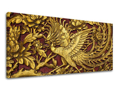 Класична слика на платно со мотив ПАНОРАМА FENG SHUI, паун, цвеќиња, птица, фенг шуи во сиво нијанси, величествена атмосфера, природа и луксузен впечаток – главна