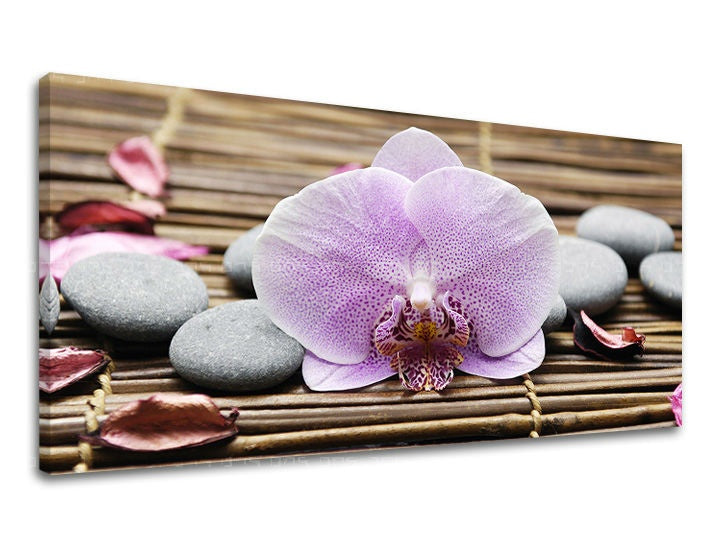 Класична слика на платно со мотив ПАНОРАМА FENG SHUI, орхидеја, фенг шуи, пејзаж, природа во сиво нијанси, мирна атмосфера, погоден за дневна соба – главна