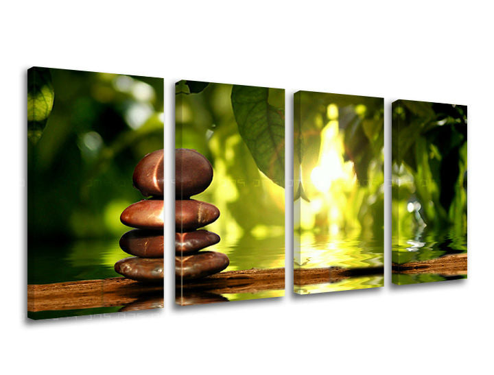 Класична слика на платно со мотив FENG SHUI, мапа во кафеаво-зелено нијанси, мирна атмосфера, природа, повеќеделна изведба, погоден за дневна соба – главна