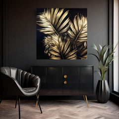 Со златен печат слика на платно со мотив Timeless Elegance, природа во златно-црно нијанси, софистицирана атмосфера, луксузен впечаток и тропски рај – производ