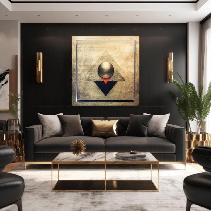 Со златен печат слика на платно со мотив Symmetry in Gold во сребрено-златно нијанси, контемплативна атмосфера, минимализам, погоден за дневна соба – производ