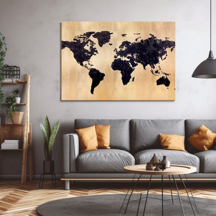 Со златен печат слика на платно со мотив World in Gold, мапа на светот, патнички мотив, мапа, природа во златно-црно нијанси, погоден за канцеларија – производ