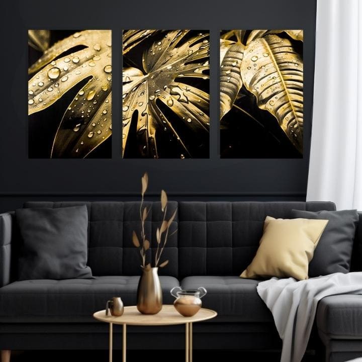 Со златен печат слика на платно со мотив Dance of the Gold Leaves, природа во златно-црно нијанси, луксузна атмосфера, природа и луксузен впечаток – производ